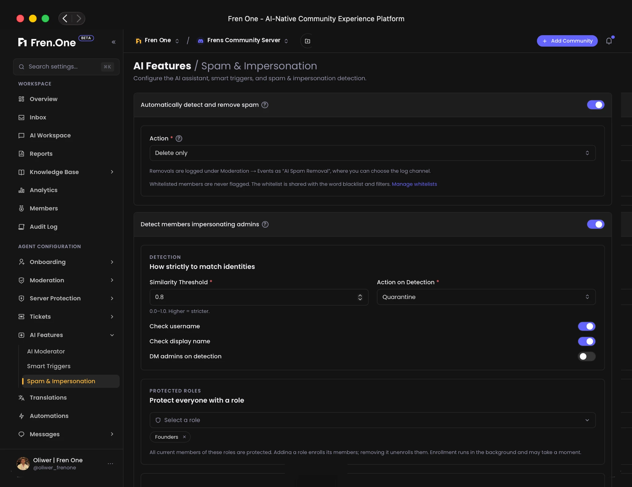 Fren One AI spam and impersonation settings