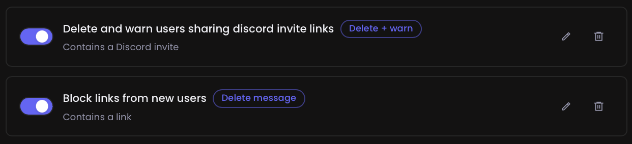 Auto filter rules for invite links and links from new users