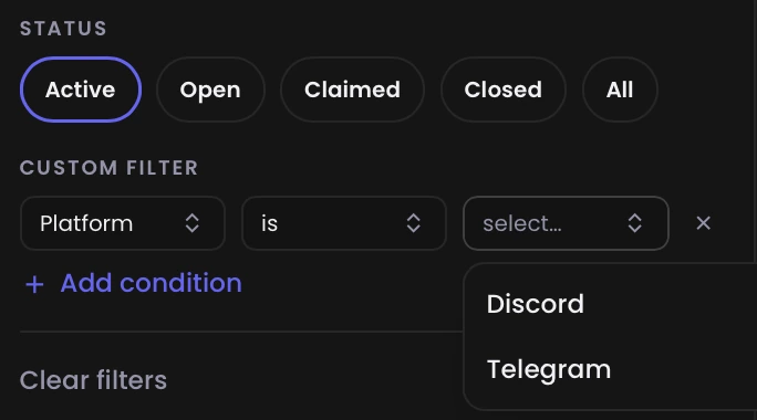 Filter the queue by status, or by platform with a custom condition