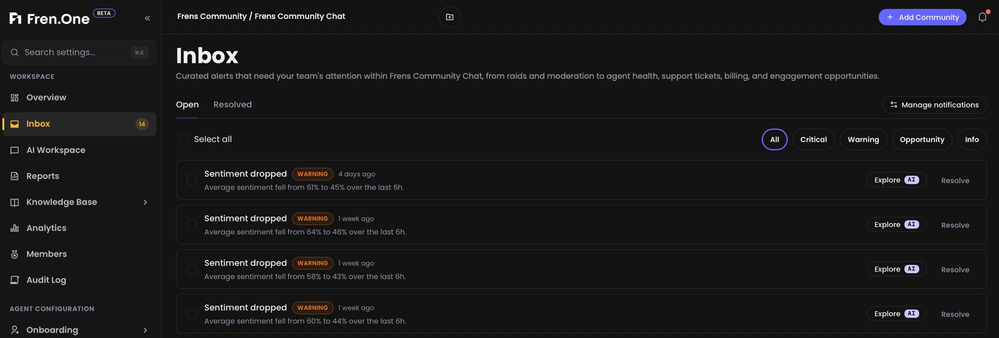 Fren One inbox for a Telegram community