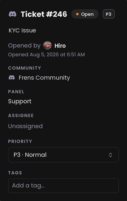 Ticket detail: status, community, panel, assignee, priority and tags