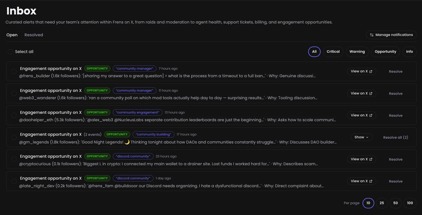 Fren One inbox for an X community