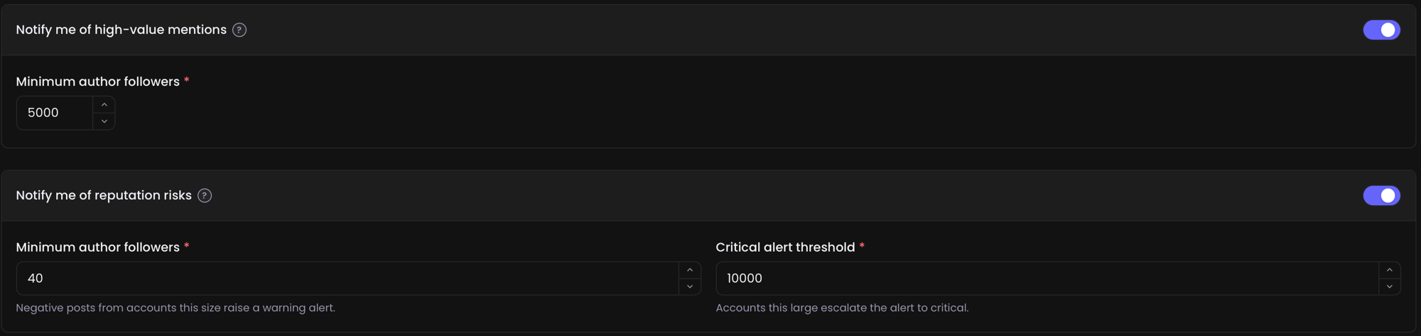 Alert thresholds for high-value mentions and reputation risks